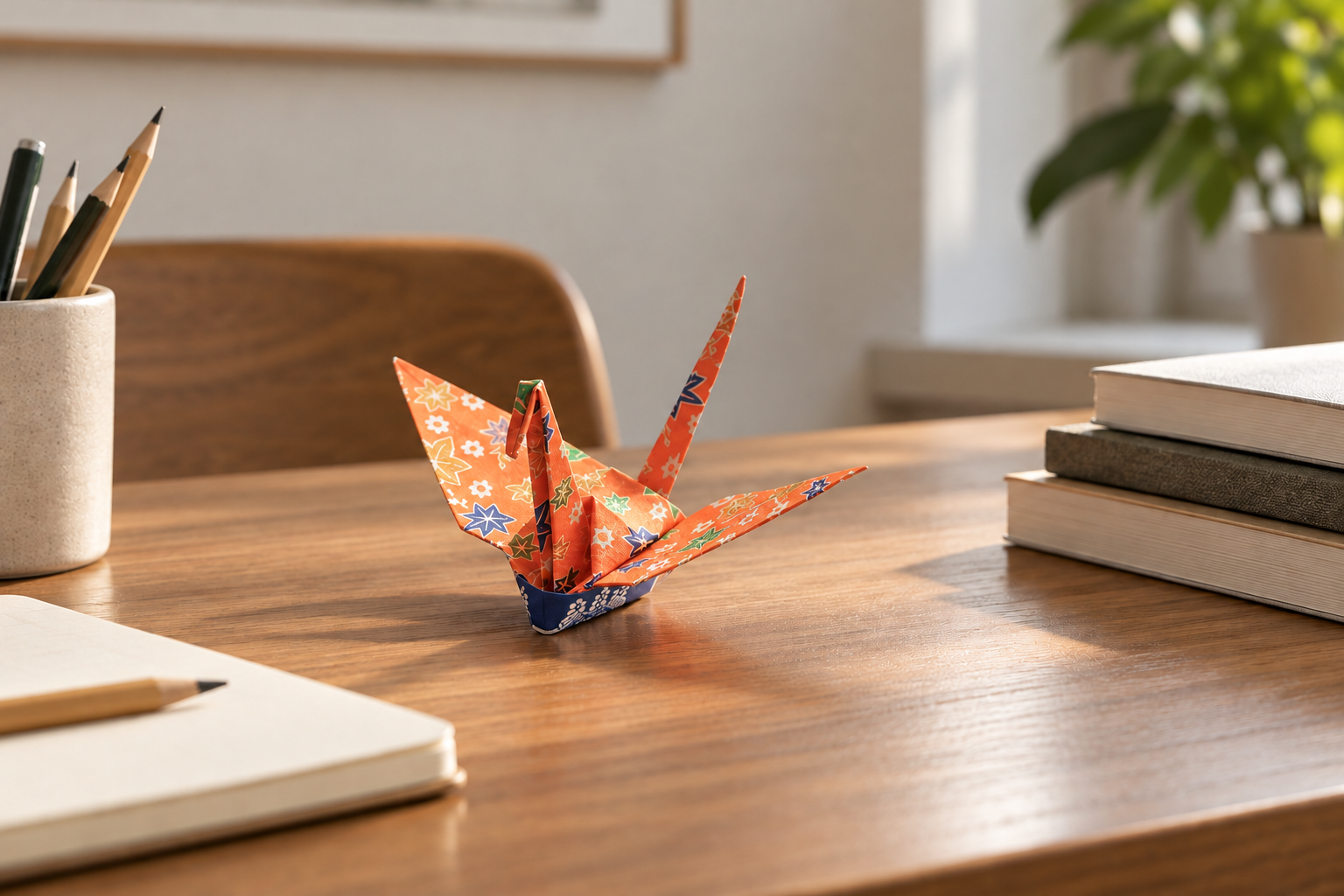 A colourful origami crane rests on a sunlit desk, symbolizing the potential that can emerge when different ways of learning are understood and supported.
