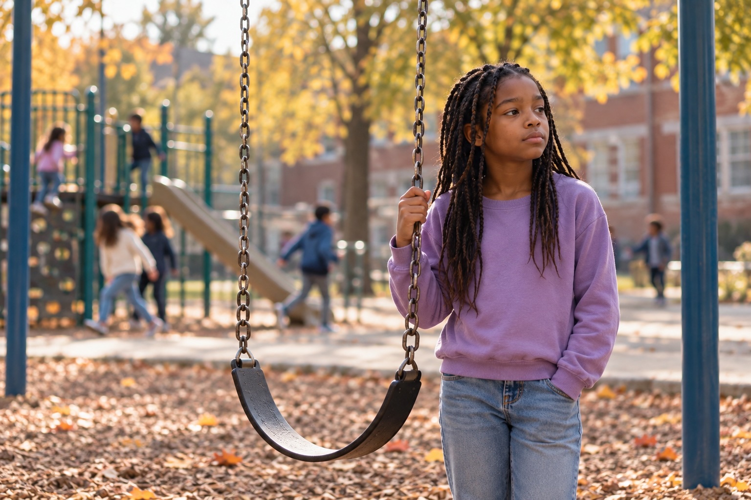 School-aged girl standing beside a swing while other children play in the background.