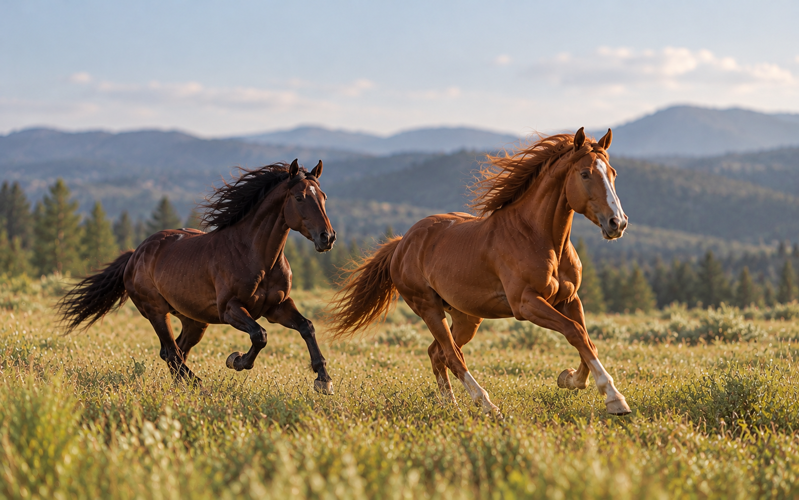 Two horses galloping side by side through a grassy meadow with mountains in the background.