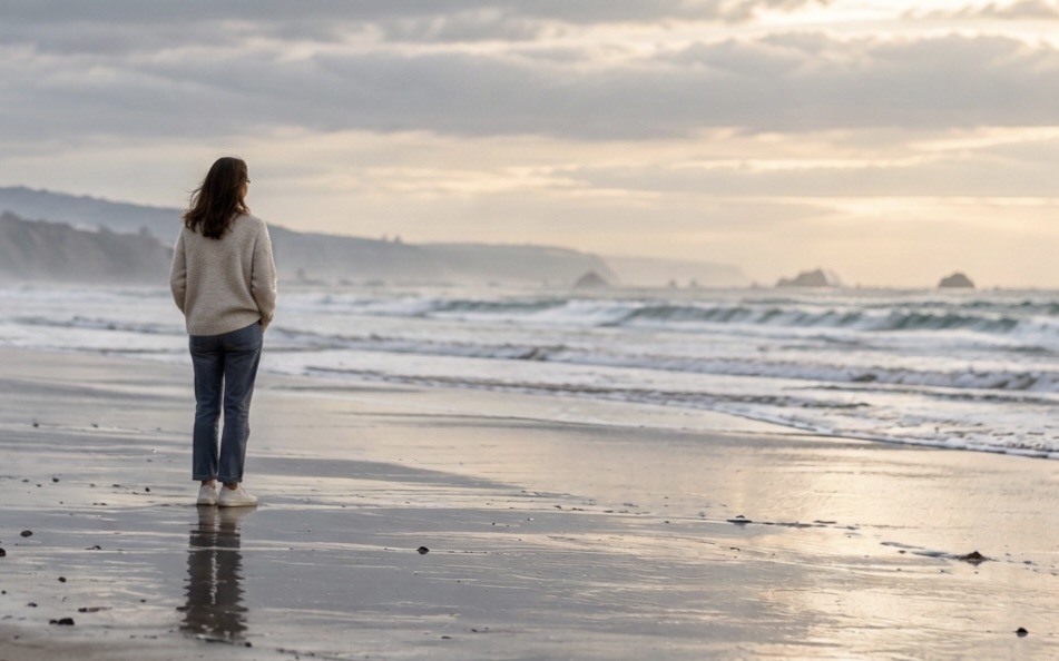 Woman standing alone on a quiet beach, looking out at the ocean beneath a cloudy sky.
